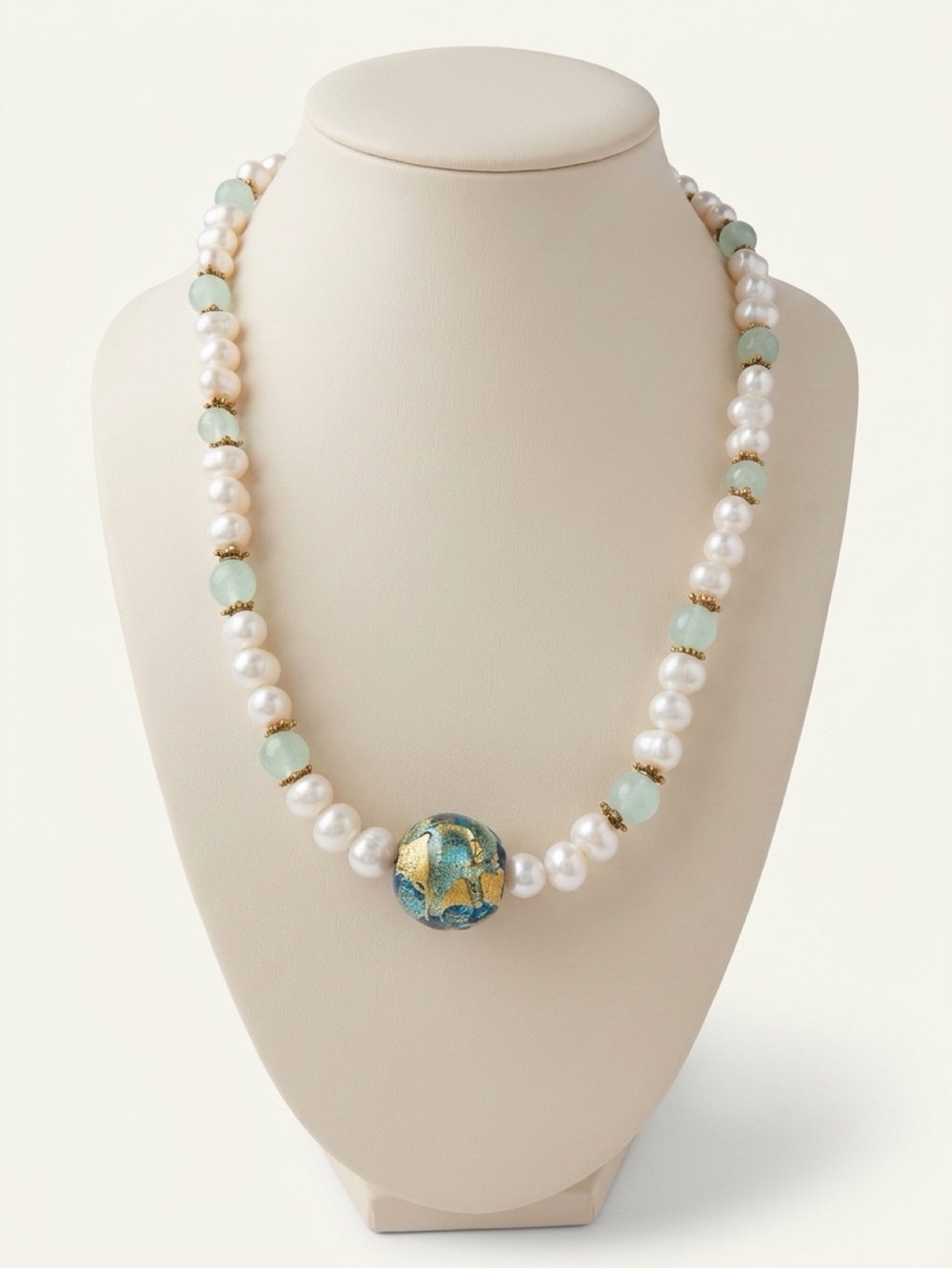 Freshwater Pearl Aquamarine Murano Glass Necklace 22” Handmade Statement Boho